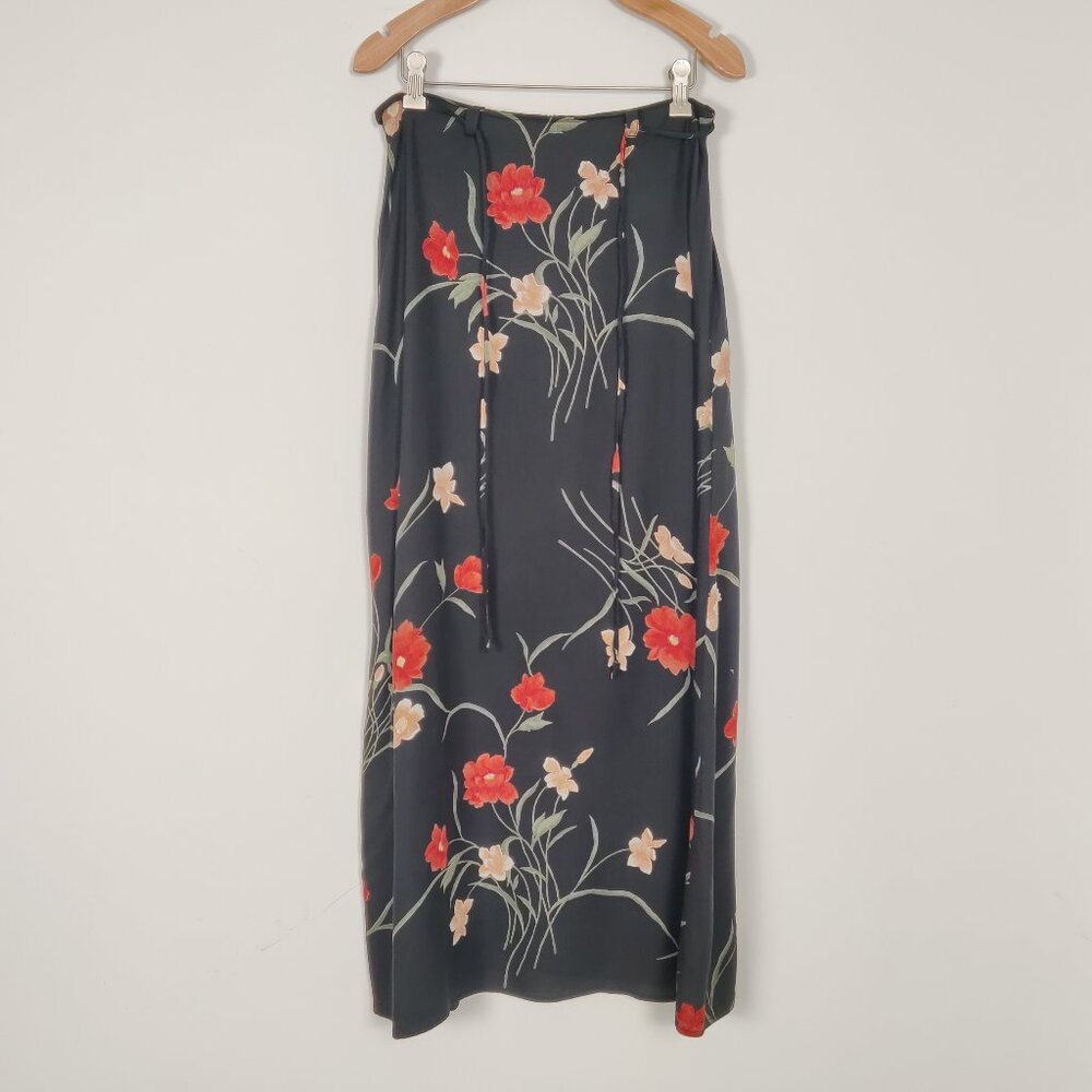 Vintage Blue Women's Skirt Size M Rayon Black Red Floral Bohemian Boho Party